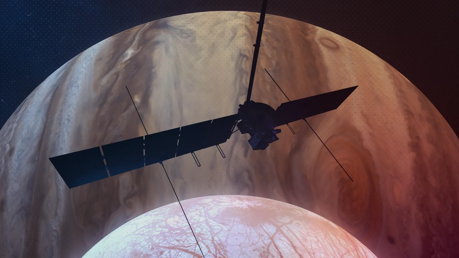 Artist's concept of Europa Clipper with Jupiter behind it and Europa below