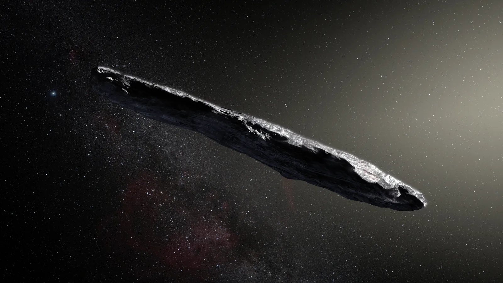 Artist's impression of ʻOumuamua, a long, dark, elongated object