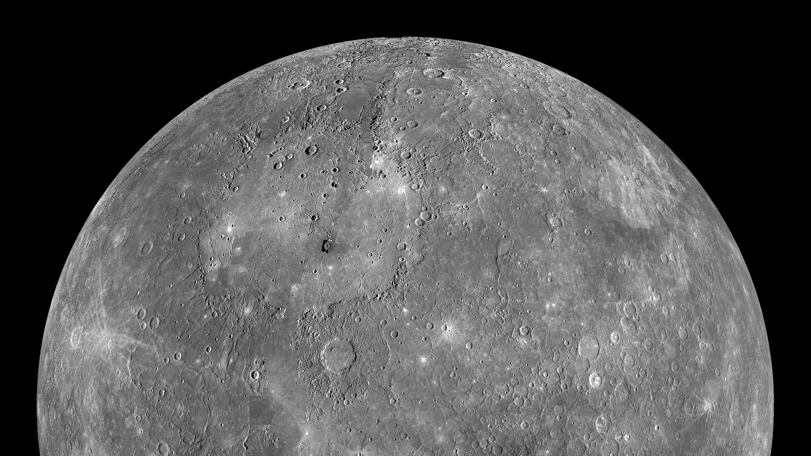 MESSENGER color mosaic of Mercury showing heavy cratering and the terminator
