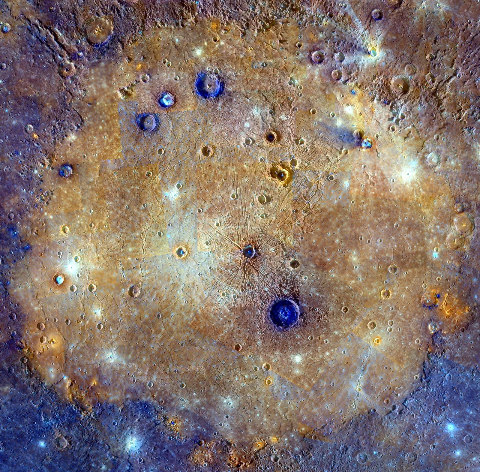 MESSENGER enhanced-color mosaic of Caloris basin showing albedo variations