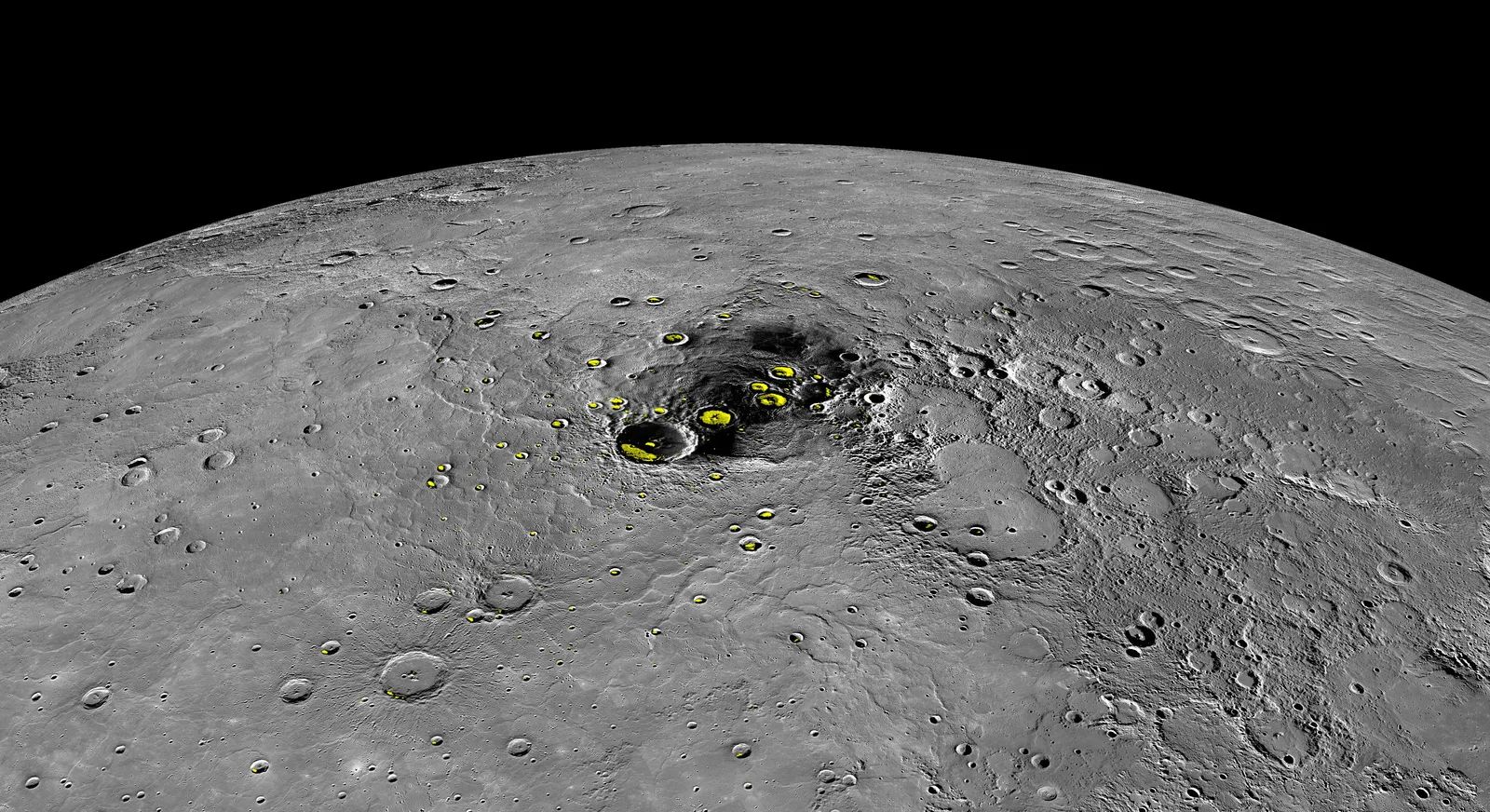 Orthographic view of Mercury's north polar region, with yellow marks in craters where radar detected water ice