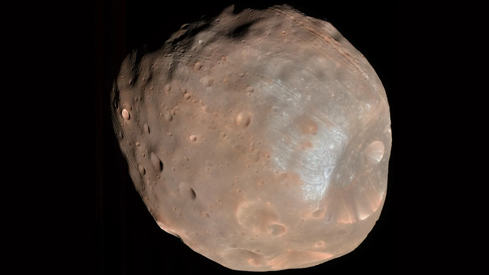 Phobos imaged by Mars Reconnaissance Orbiter, with Stickney crater at lower right