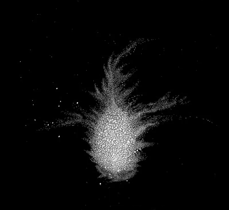 Lord Rosse's 1844 drawing of the Crab Nebula, white stippling on black forming a cloud with several tendrils