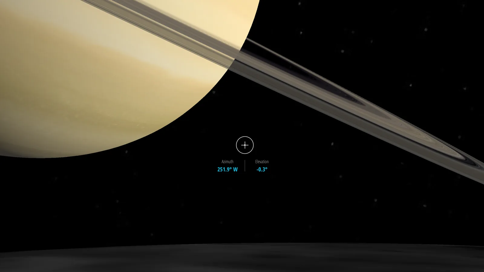 Saturn seen from Mimas, its rings nearly edge-on as a band slanting across the frame
