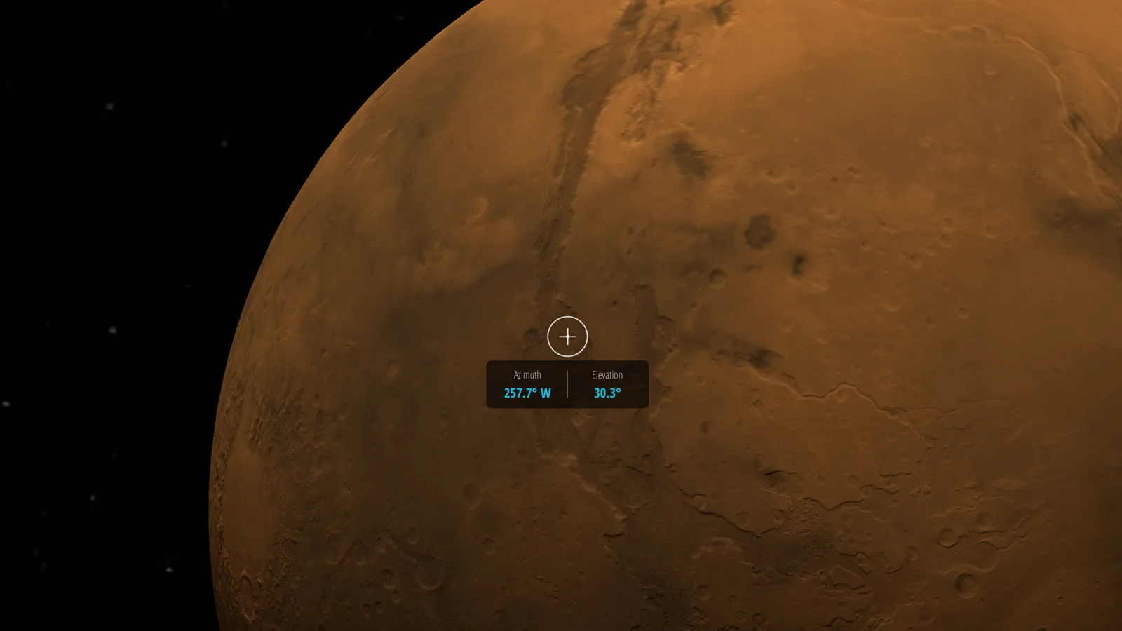 Mars seen from Phobos, with a crosshair and azimuth and elevation readouts